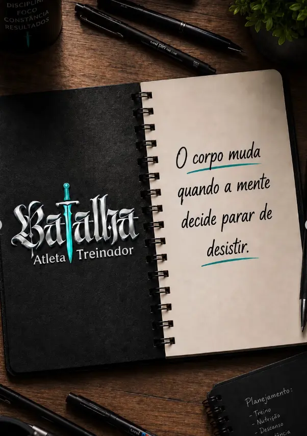 Caderno Batalha com a frase: o corpo muda quando a mente decide parar de desistir